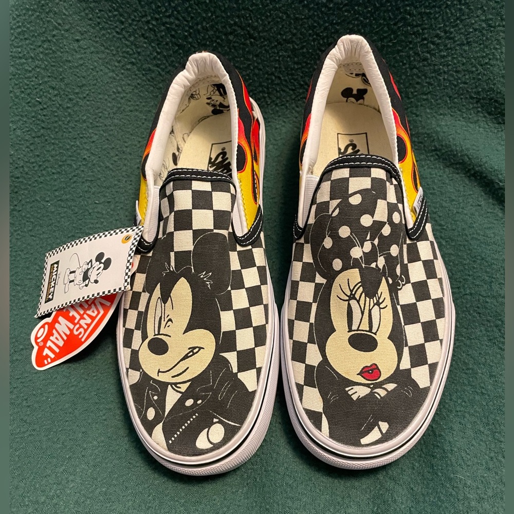 Vans Slip On Disney Mickey Minnie Mouse Checkerboard Flames 90th Anniversary